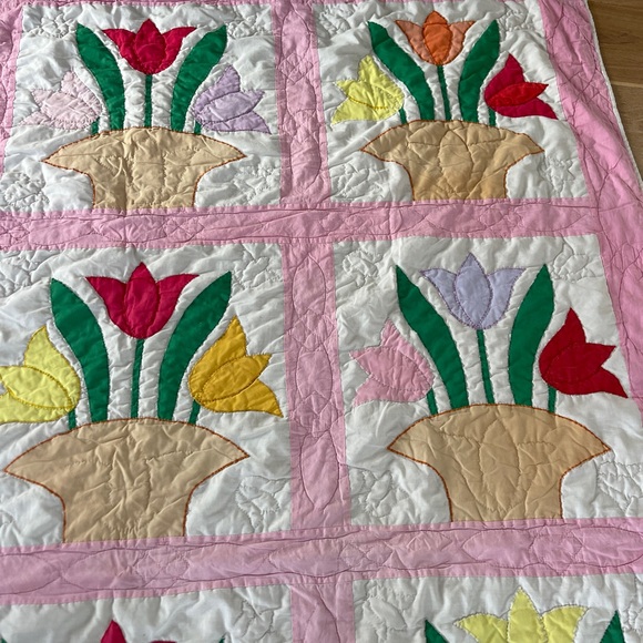 Vintage Patchwork Quilt Blanket Spring Tulips Pink Cotton - Picture 5 of 8